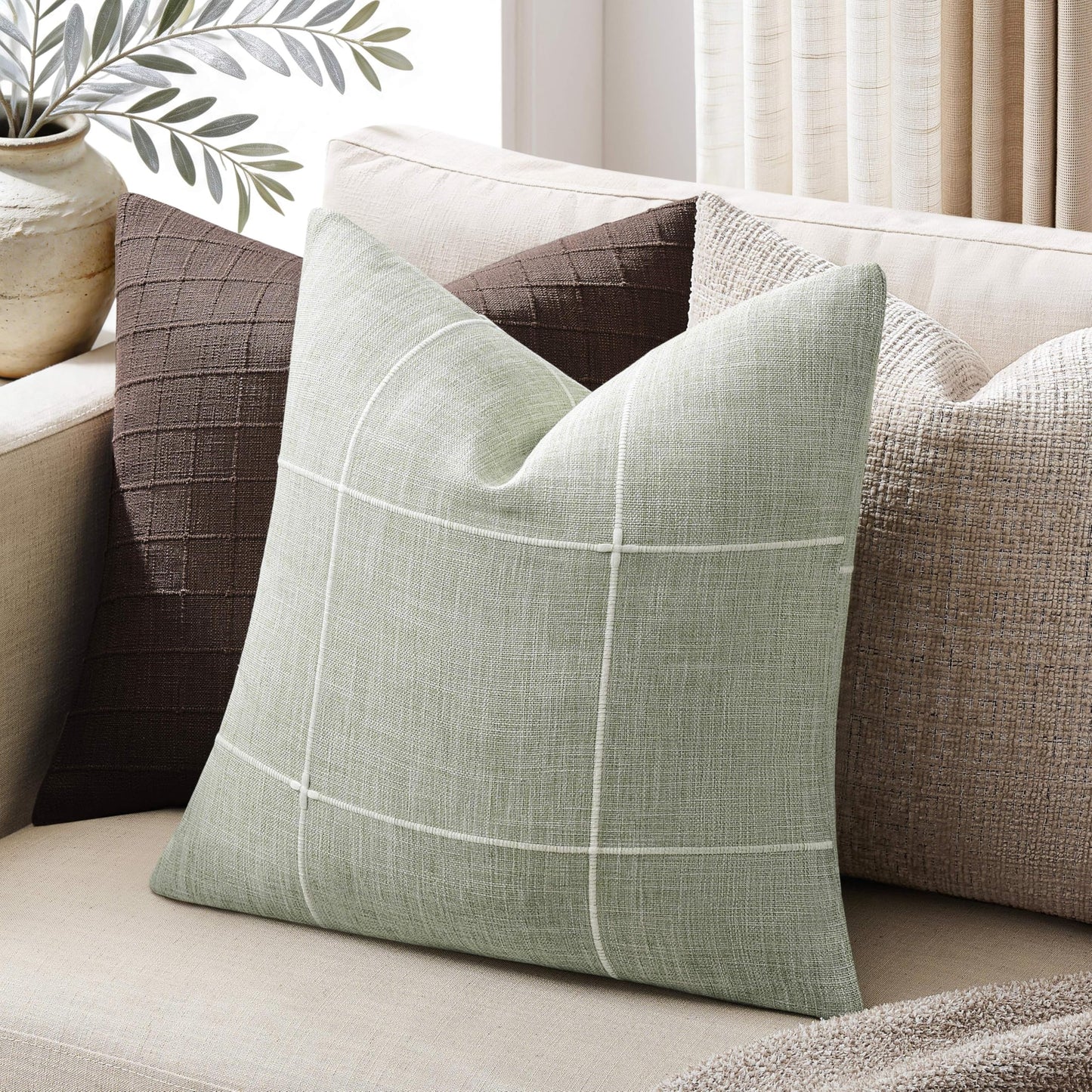 YZJZEDS 2 Packs Grid Embroidery Throw Pillow Covers, 18x18 Inch Light Sage Green, Farmhouse Linen Decorative Light Green Cushion Covers for Sofa Bed Living Room Home Decor