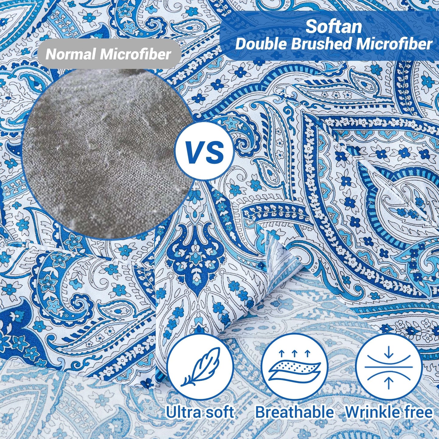Softan Blue Paisley Printed Queen Size Sheet Set, Blue Floral Sheets Queen, Cozy Microfiber Fitted Sheet with 15" Deep Pocket & Non-Slip Straps, Flower Patterned Sheets & Pillowcase Sets