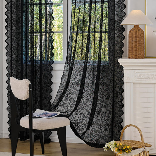 Draphelle 2 Panels Vintage Lace Black Curtains 54x90 inches Long, Romantic Semi Sheer Floral Lacy Curtains for Living Room, Elegant Window Drapes for Bedroom