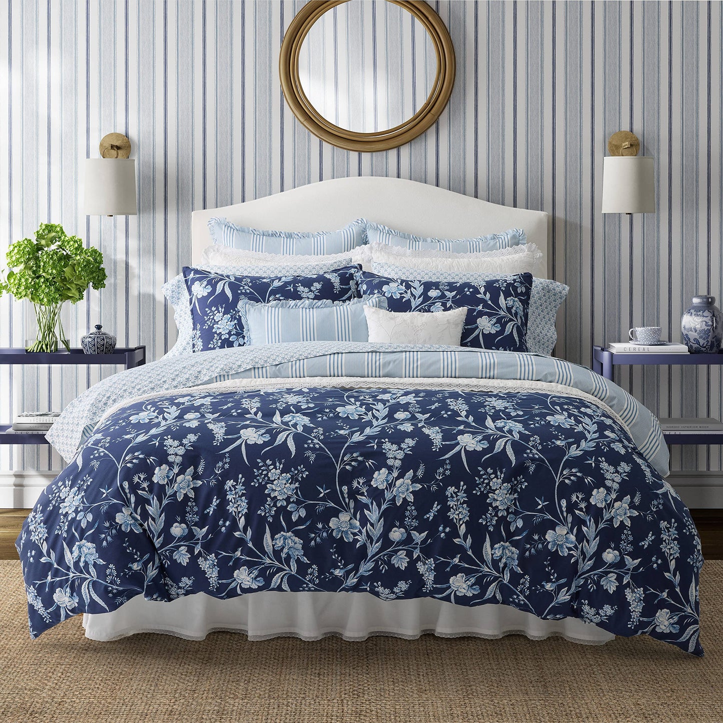 Laura Ashley – Queen Comforter Set, Reversible Floral Bedding with Matching Shams & Bonus Decorative Pillow Covers, Medium Weight, 7-Piece, College Dorm Room Essentials (Branch Toile Blue)