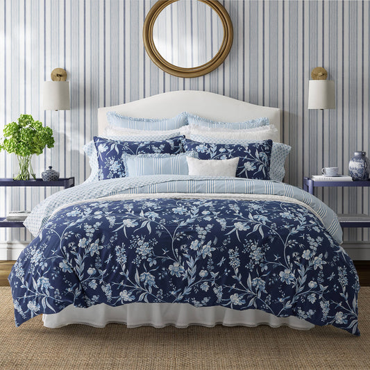Laura Ashley – Queen Comforter Set, Reversible Floral Bedding with Matching Shams & Bonus Decorative Pillow Covers, Medium Weight, 7-Piece, College Dorm Room Essentials (Branch Toile Blue)