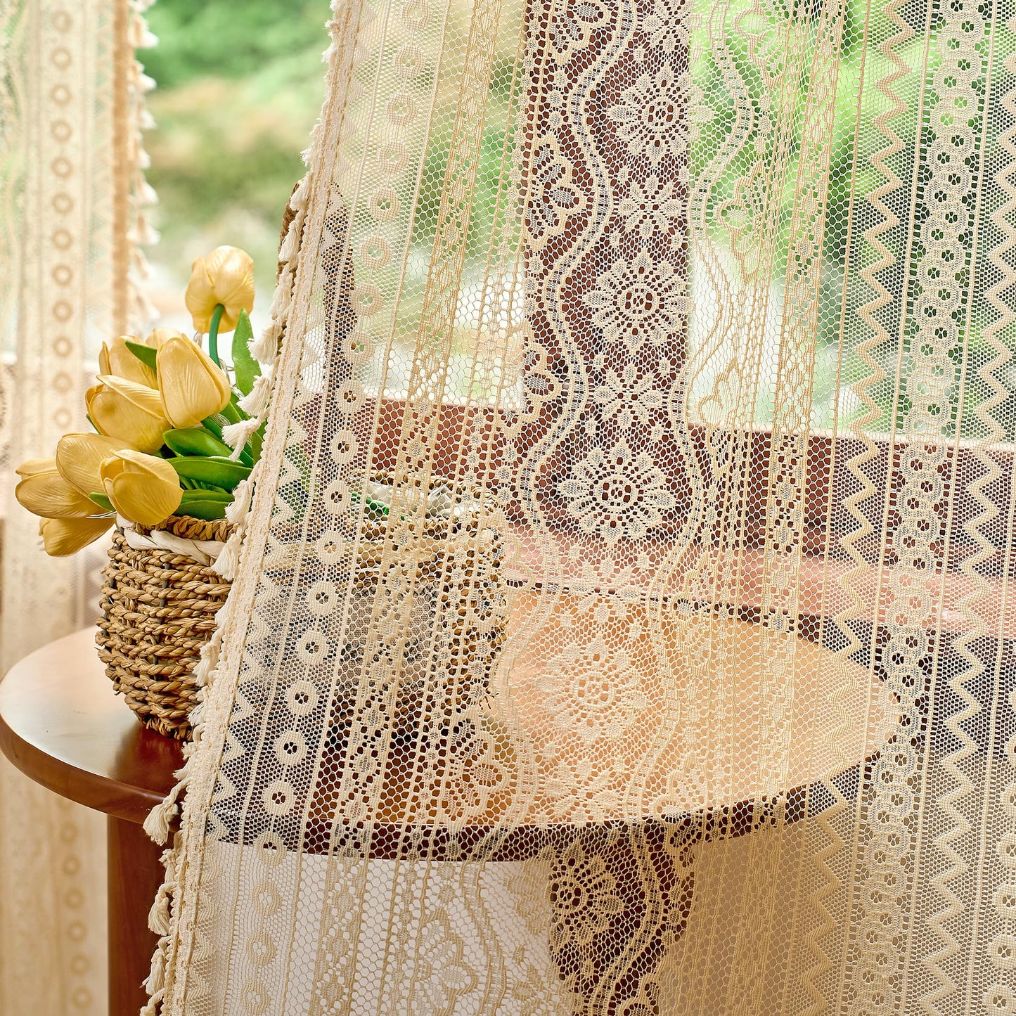 MYSKY HOME Beige Boho Lace Sheer Curtains with Tassels 84 Inch Length 2 Panels Vintage Floral Bohemian Pattern French Rustic Crochet Geometry Striped Rod Pocket Drapes for Living Room Bedroom, 55" W