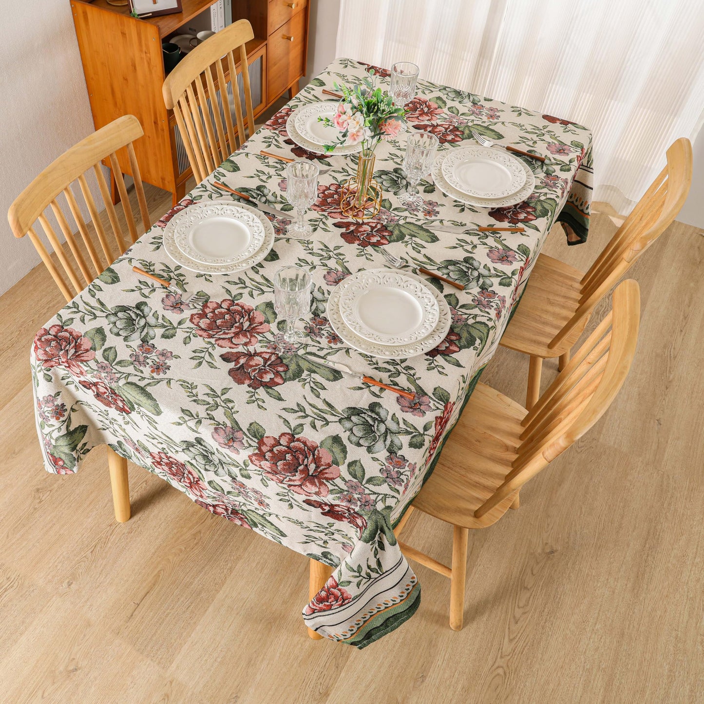 Dimatic Cotton and Linen Rectangular Tablecloth with Red Rose Pattern, Suitable for Kitchen Dining Table, Home Table Cloth and Holiday Decoration, 55 x 86 Inches