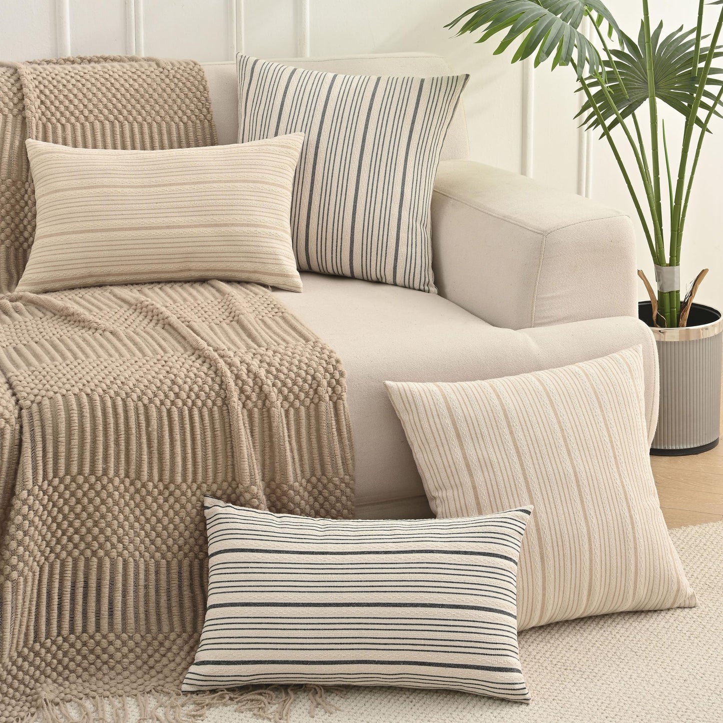 NAVIBULE Black Pillow Covers Linen Farmhouse Throw Pillow Covers Outdoor Striped Decorative Square Throw Pillows for Couch Sofa Bed 18x18 in Pack of 2 Black and Cream