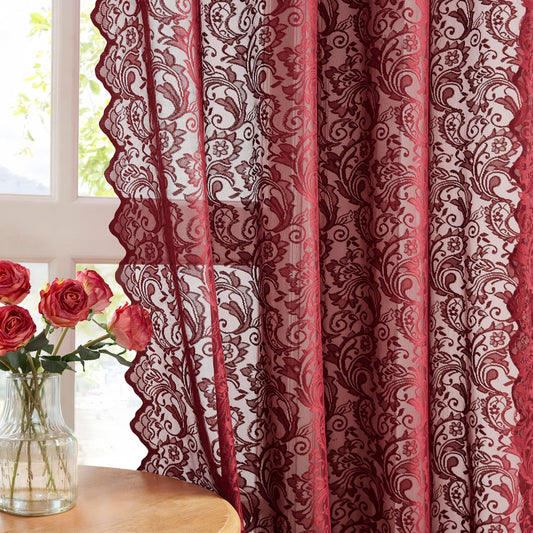 Bujasso Burgundy Red Lace Sheer Curtains 84 inch Length for Bedroom Living Room, Victorian Floral Embroidered Wine Red Window Drapes with Scalloped Edge, Light Filtering&Privacy, Rod Pocket 52Wx84Lx2