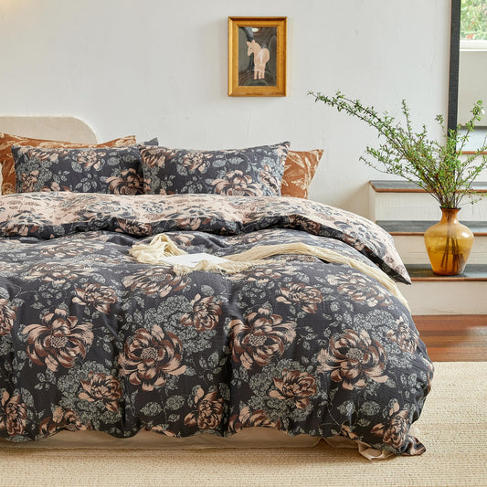 BISELINA 100% Cotton Muslin Duvet Cover Set Queen, 3 Pcs Yarn-Dyed Jacquard Textured Garden Flower, Soft and Breathable Bedding Set with Zipper Closure, Dark Blue Khaki