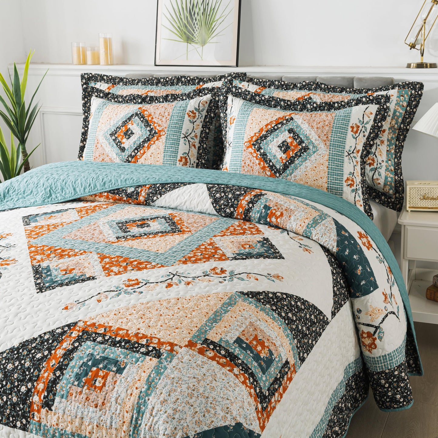 BEDIFANY Cotton King Size Quilt Sets, Lightweight King Quilt Bedding Set (98 x 106 inch) Garden Style Floral Bedspread King Size Coverlet Set for Bed Decorations - All Seasons, 3 Pieces
