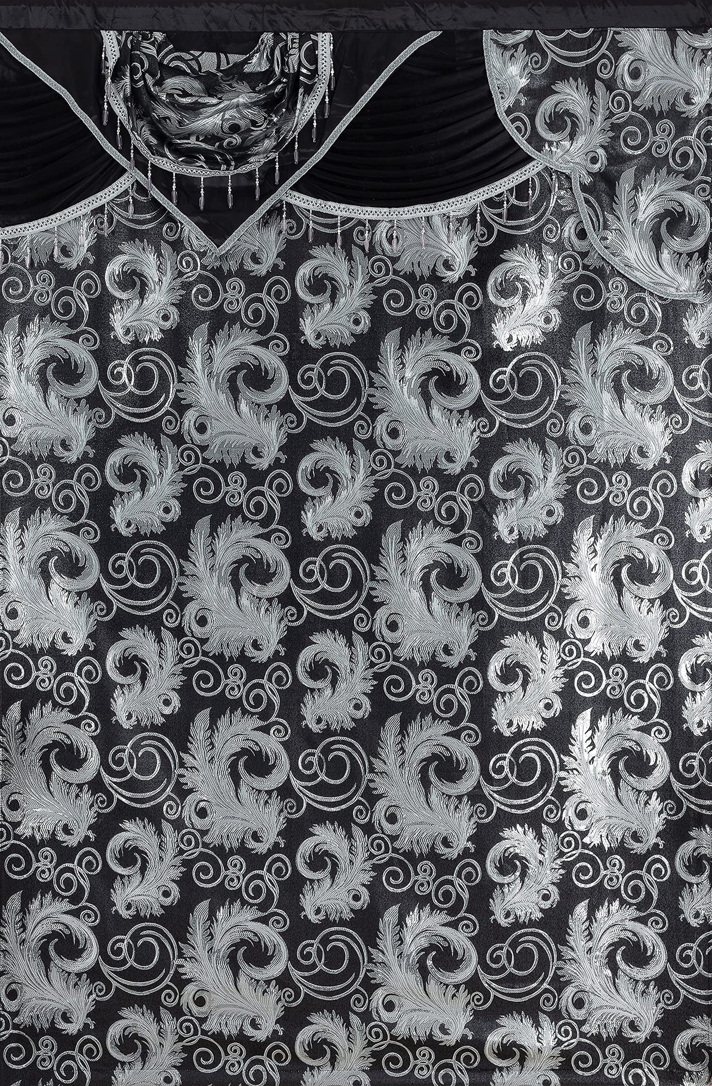 GLORY RUGS Jacquard Luxury Window 2 Panel Set Black Curtain with Attached Valance and Backing Bedroom Living Room Dining 2 Curtains 55x84 inches Each Jana