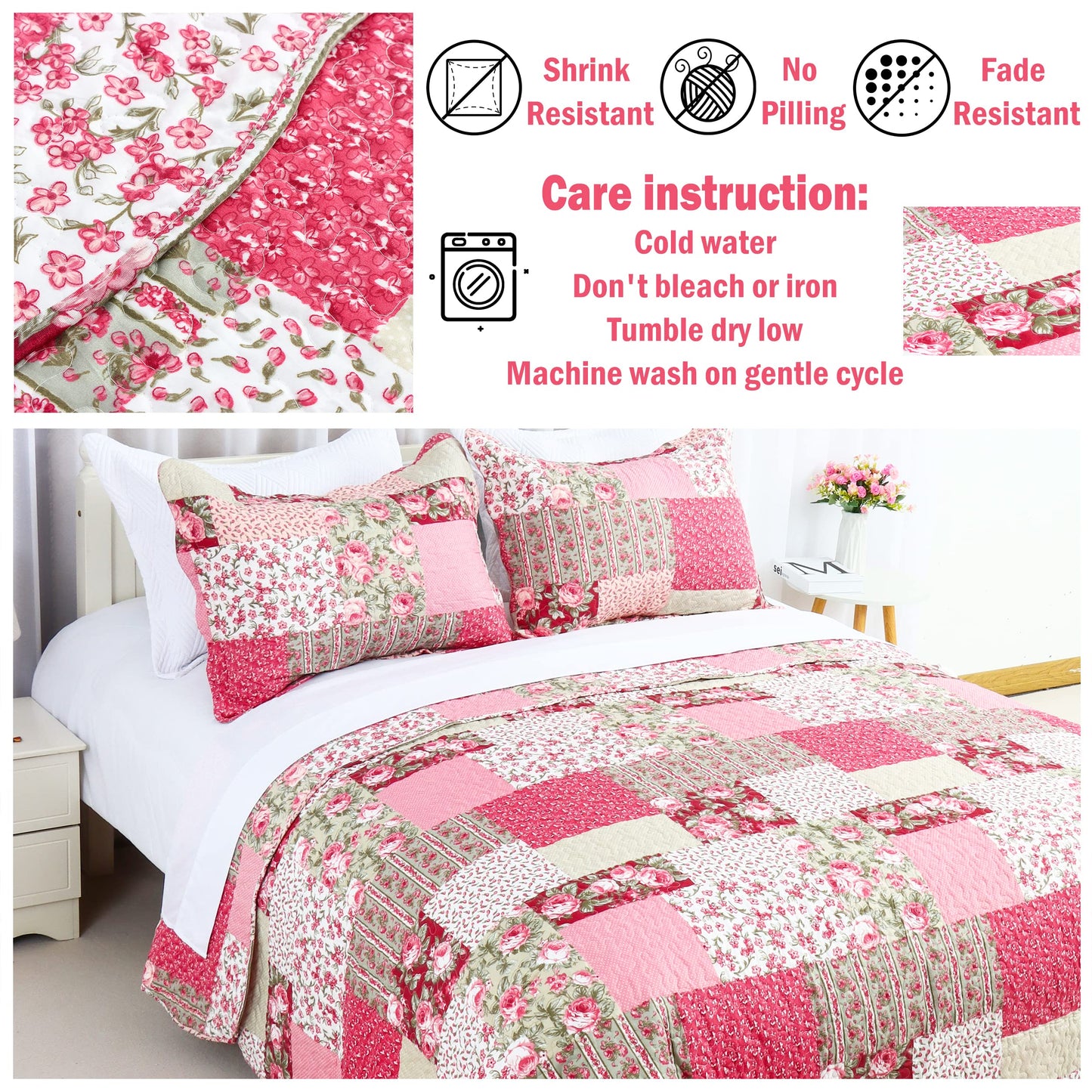Cmfshape Summer Floral Queen Quilted Bedspread,Romantic Pink Quilt Set Full,Reversible Stitched Bedding Set All Season,Soft Lightweight Coverlet with Pillow Cases (Hot Pink&Rose, Queen90 x90)