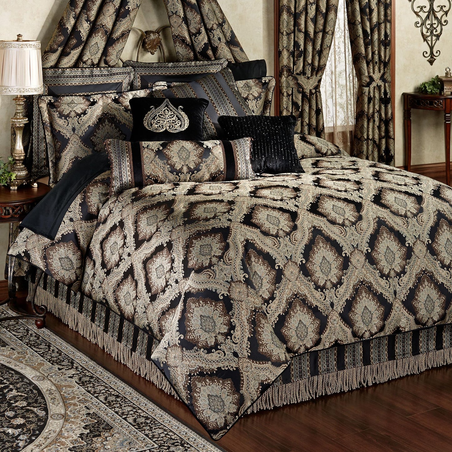 Fenmore Damask Medallion Oversized Luxury Bedding | Rich Black Taupe Silver Gray Wheat Almond | 4 Piece Comforter Set: Queen Comforter, 2 Standard Shams, and Bedskirt | Sophisticated Elegant Royal