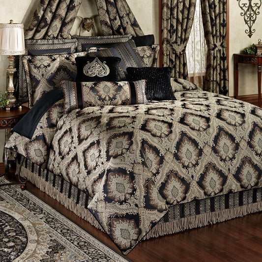 Fenmore Damask Medallion Oversized Luxury Bedding | Rich Black Taupe Silver Gray Wheat Almond | 4 Piece Comforter Set: Queen Comforter, 2 Standard Shams, and Bedskirt | Sophisticated Elegant Royal
