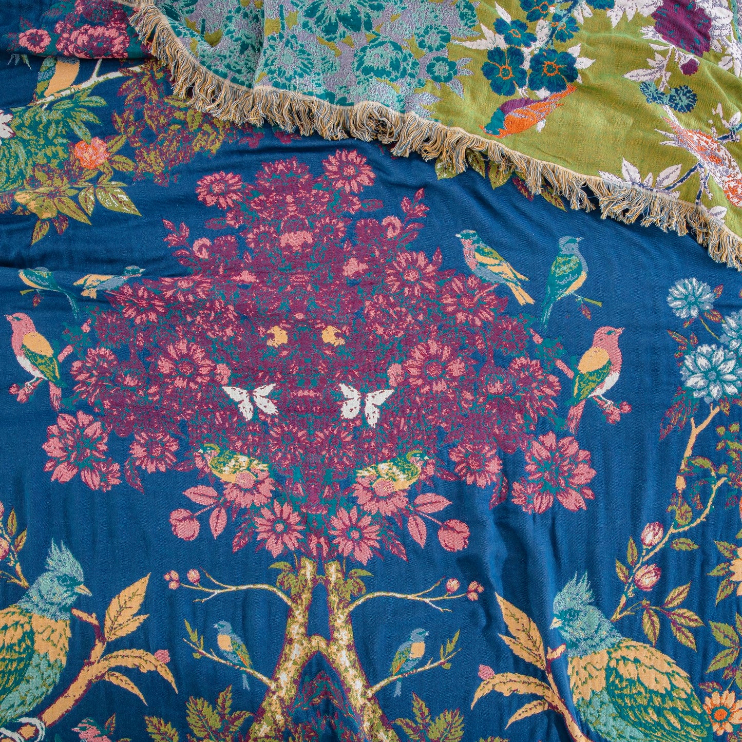 BRYALIX 100% Cotton Boho Floral Throw Blanket, Navy Blue with Birds Pattern, Lightweight Muslin Quilt, Decorative Reversible Jacquard Fringed Farmhouse Blanket for Home, Picnic, Travel, 60"x80"