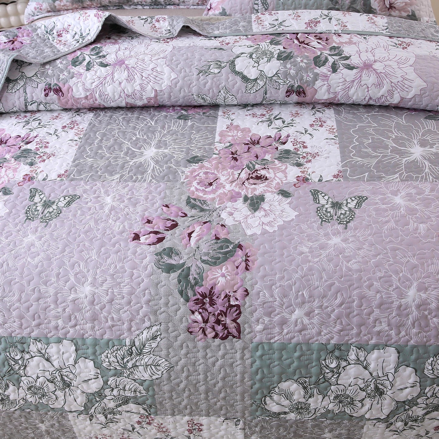 DURLENGEN Patchwork Quilt Set King Size 3Pcs, Floral with Patchwork Pattern,Soft Microfiber Lightweight Bedspread for All Season Layering(King 106x96,Floral Patchwork)