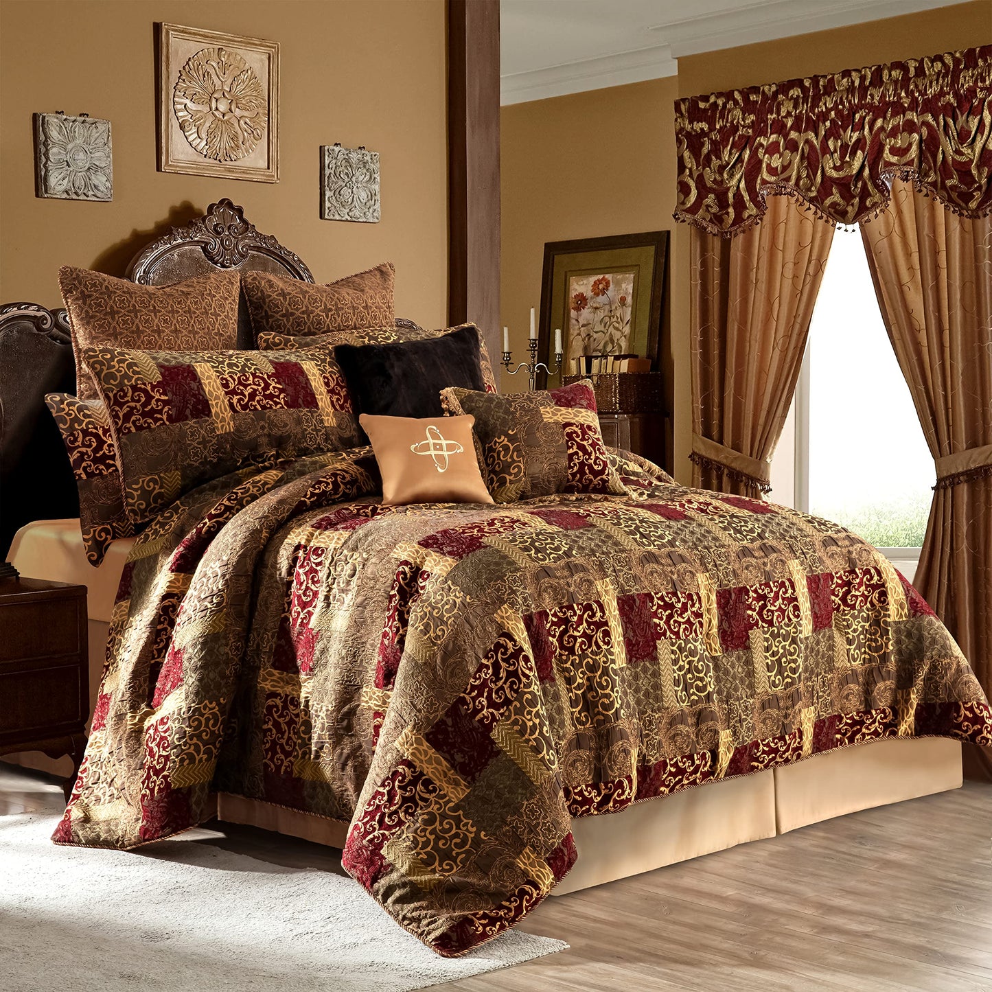 Loom and Mill 9-Piece Jacquard Luxury Traditional Patchwork Comforter Sets, Ultra Soft Bedding with Euro Shams, Bedskirt, Filled Decorative Pillow for Home (Loong, King),Red Gold