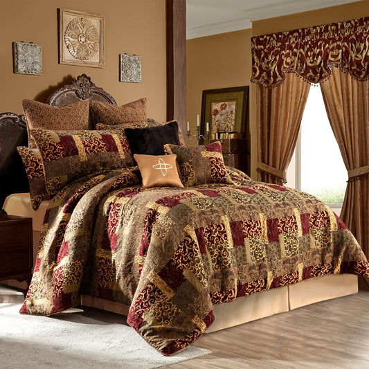 Loom and Mill 9-Piece Jacquard Luxury Traditional Patchwork Comforter Sets, Ultra Soft Bedding with Euro Shams, Bedskirt, Filled Decorative Pillow for Home (Loong, King),Red Gold