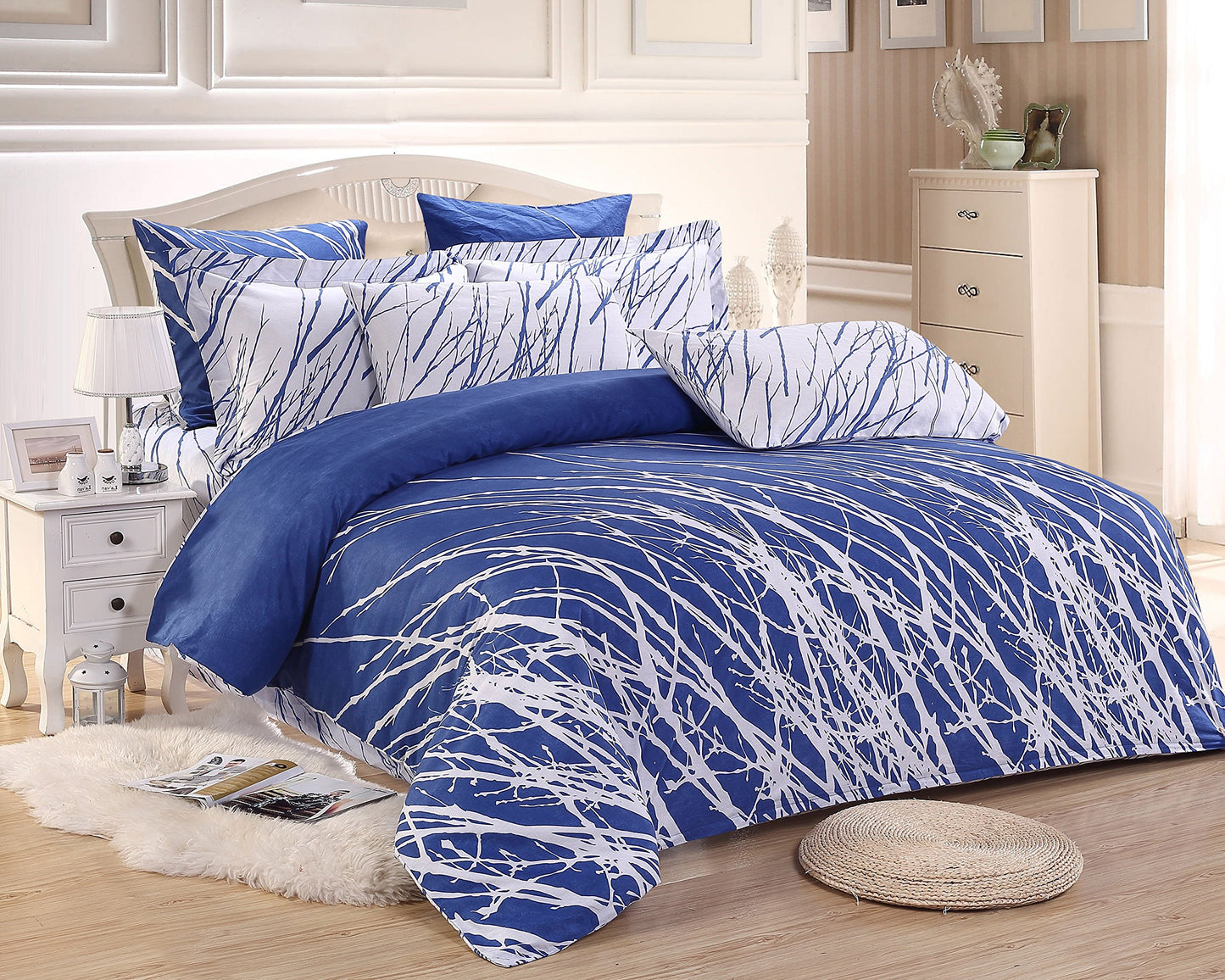 Swanson Beddings Tree Branches 3-Piece 100% Cotton Bedding Set: Duvet Cover and Two Pillow Shams (Blue-White, King)