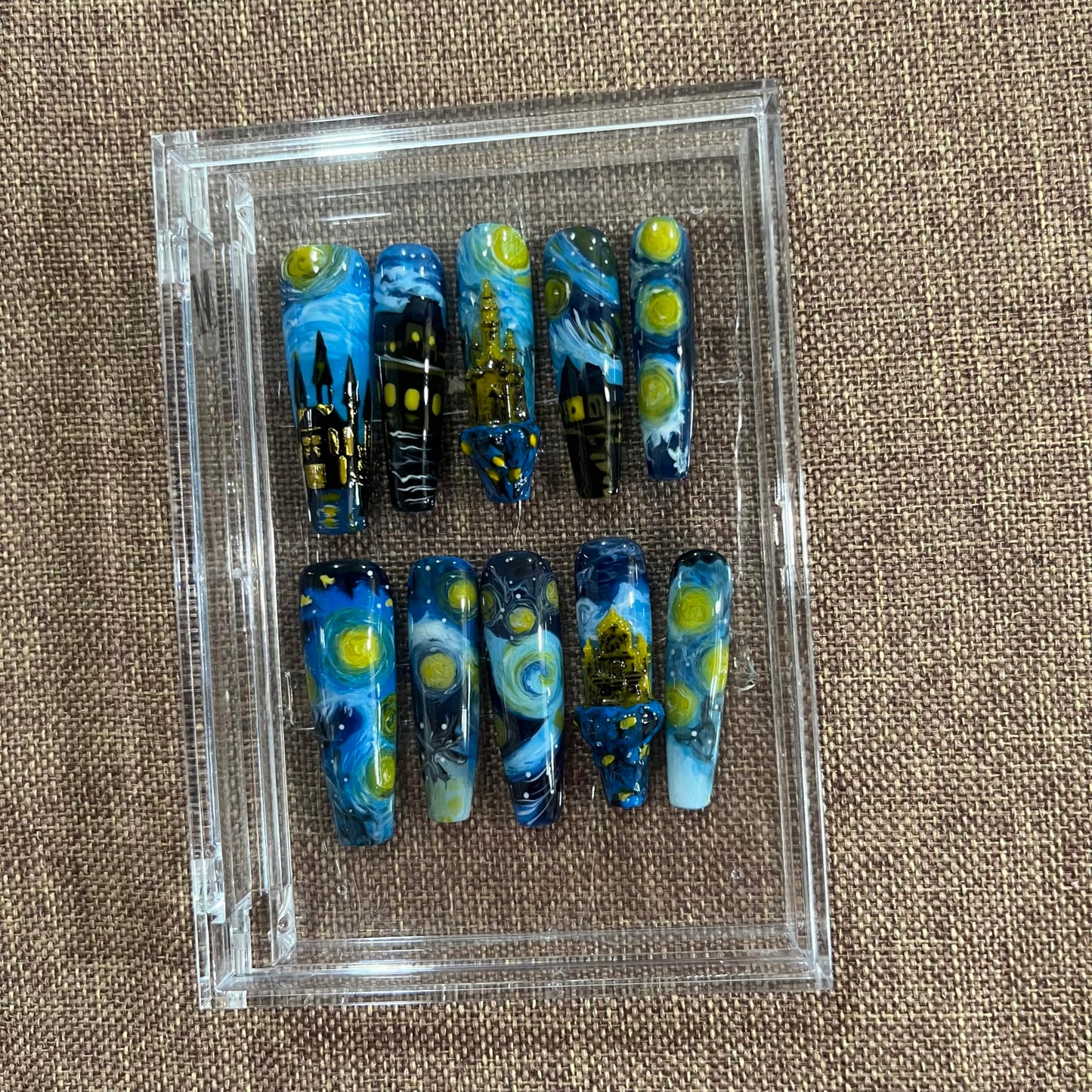 Press on Nails Handmade Nails 10Pcs Watercolor Style Style Hand-painted Monet's Garden Manual Press on Nails for Women Party Holiday Photo 40mm Long Size L