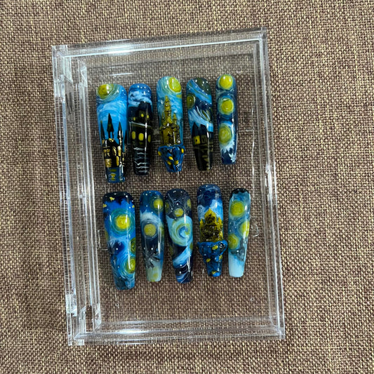 Press on Nails Handmade Nails 10Pcs Watercolor Style Style Hand-painted Monet's Garden Manual Press on Nails for Women Party Holiday Photo 40mm Long Size L
