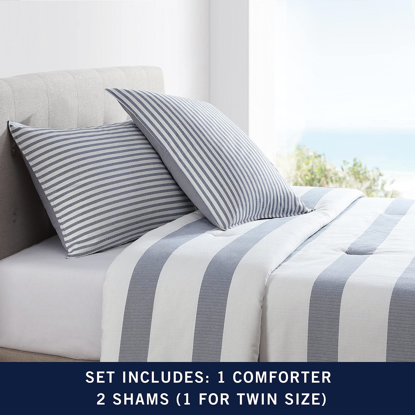 Nautica - King Comforter Set, Soft Yarn-Dyed Cotton Bedding, Medium Weight for Year Round Use, 3 Piece Bed Set with Matching Pillowcases (Fairwater Blue)