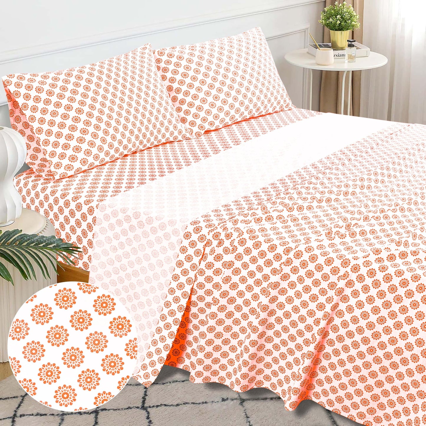 Sleepdown 100% Cotton King Size Bed Sheets - Soft 4 Pcs Percale Sheet Set, Comfy Durable & Breathable, 16" Deep Pocket (Mandalas Coral)