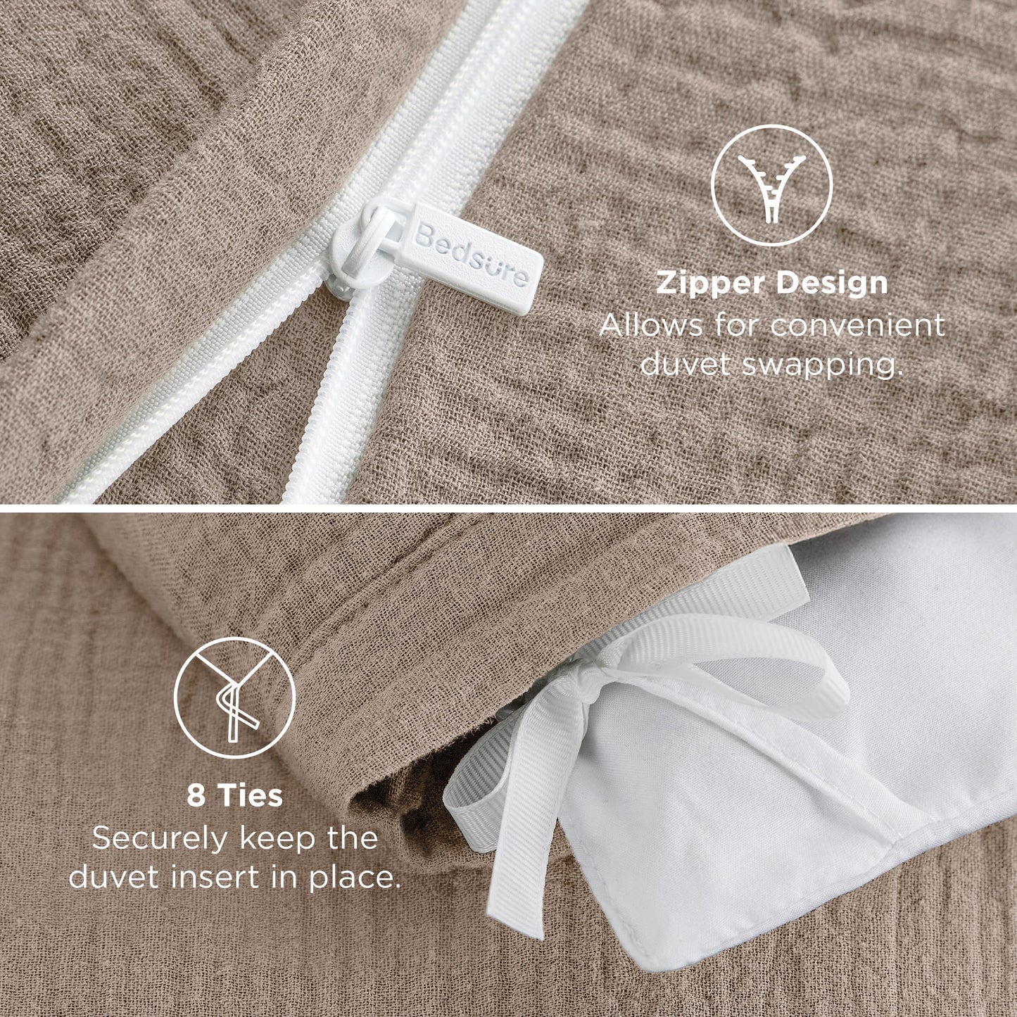 Bedsure 100% Muslin Cotton Duvet Cover King Size - Ultra-Soft Gauze Duvet Cover, PureWoven Breathable & Lightweight Bedding Set with Zipper Closure and Corner Ties (Khaki, King, 104"x90")