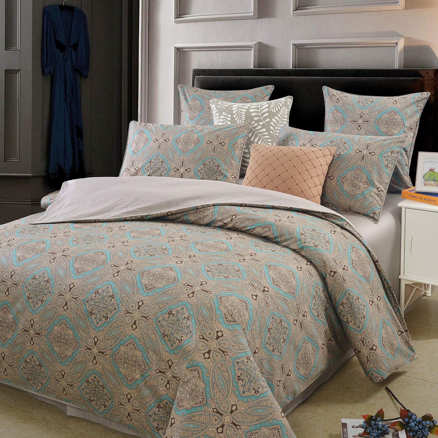 Brandream Boho Paisley Print Luxury Duvet Quilt Cover and Shams 3pc Bedding Set Bohemian Damask Medallion 800TC Egyptian Cotton Sateen - Queen Size, Taupe