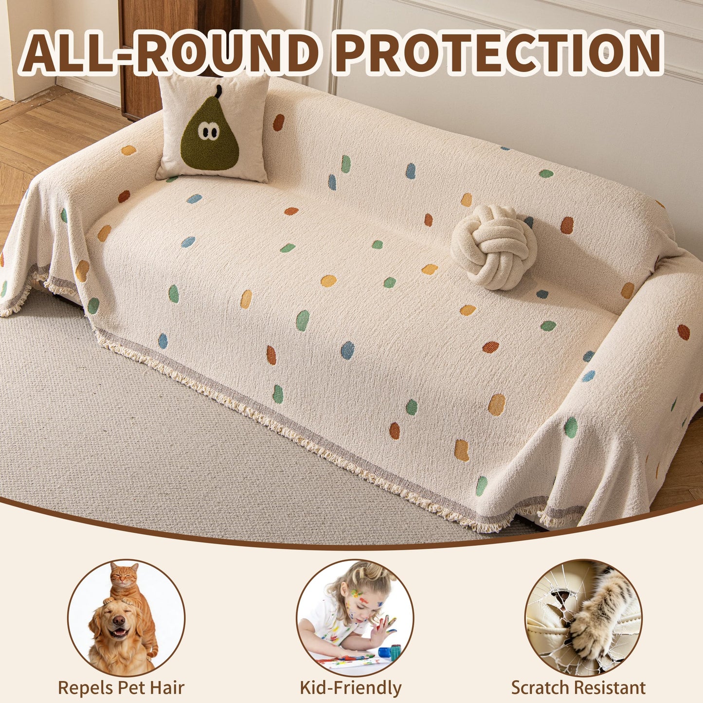 KaviKon Couch Covers for Dogs, Sofa Covers for 3 Cushion Couch, Plush Couch Blanket Cover Sectional Washable, Sofa Slipcover Protector, Slip Covers for Sofas High-Gram Weight, Dots Beige, 71" ×118"