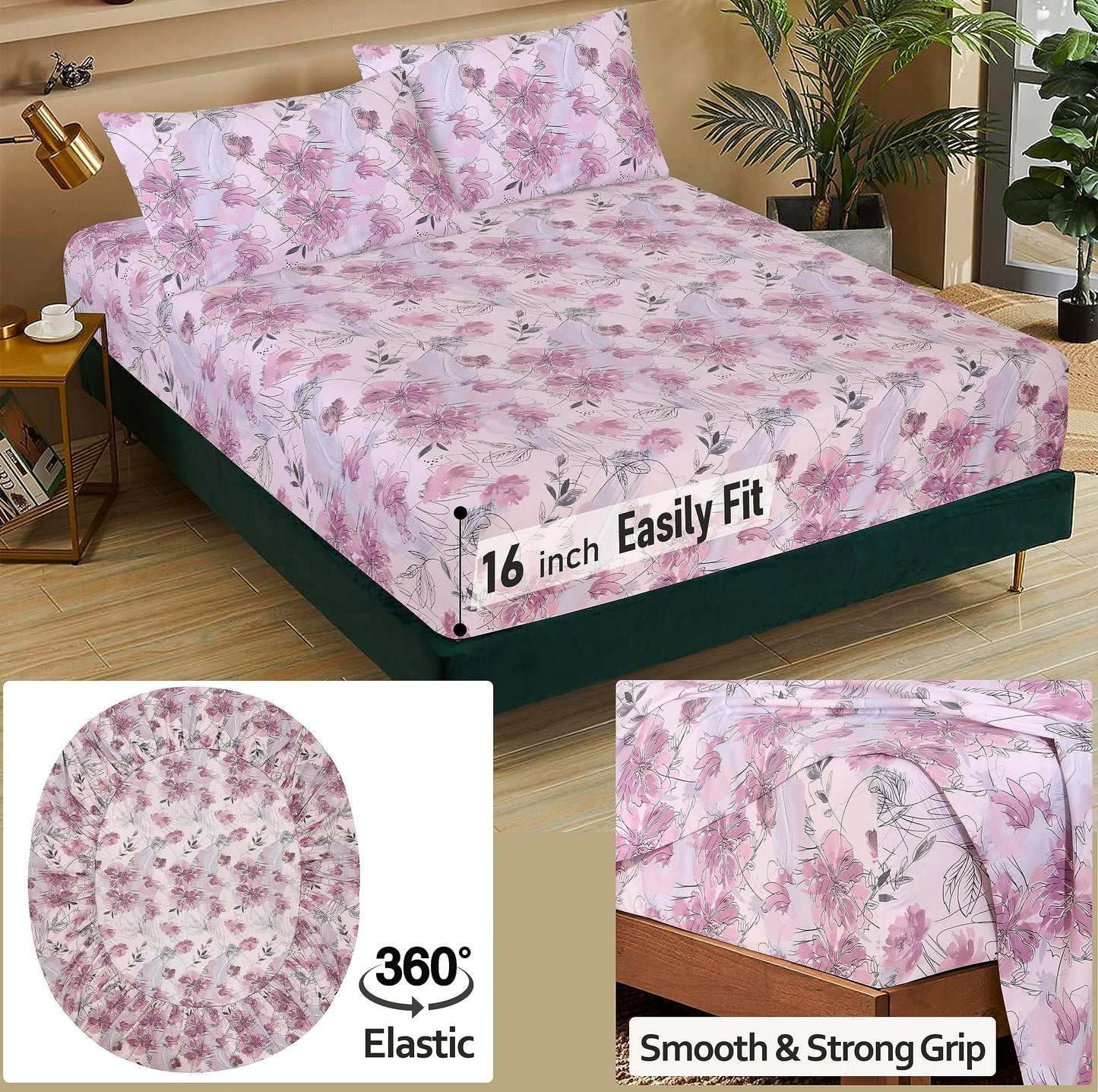 RUVANTI 100% Cotton Percale Sheets Queen Size, Lilac Floral