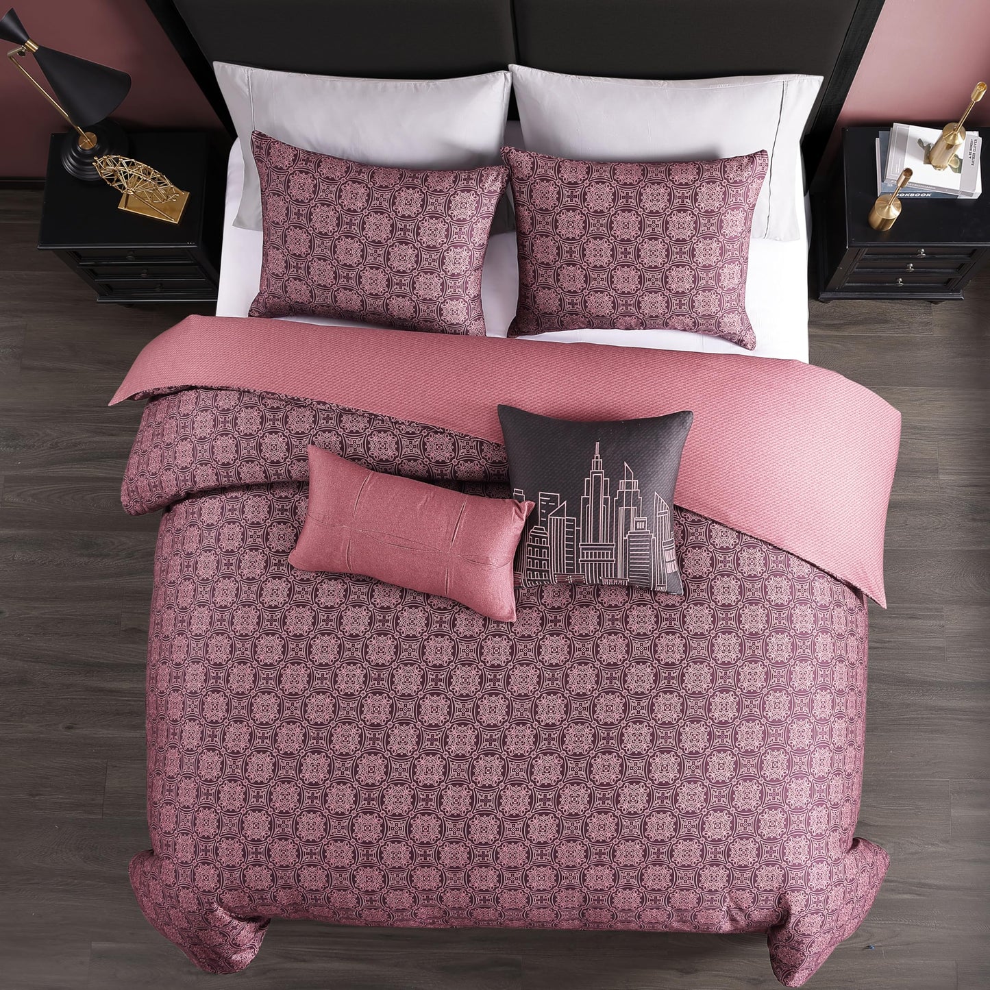 Bebejan Mauve Dreams 5 Piece Comforter Set, 100% Cotton Sateen, 220 Thread Count, Textured Reversible Bedding Comforter Set, 1 Comforter, 2 Shams & 2 Pillows (King/Cal King)