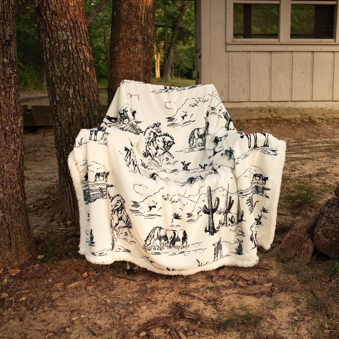Paseo Road Indigo Hill by HiEnd Accents Ranch Life 3 Piece Sherpa Throw Blanket Set, White Black Cowboy Cow Longhorn Horse Print Fleece Throw Set, Western Rustic Style, 1 Throw and 2 Pillows