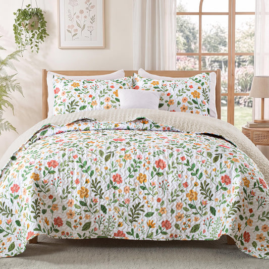 Exclusivo Mezcla Floral Quilt King Size, White King Size Quilt Bedding Set with Chic Vintage Botanical Pattern, Reversible Lightweight Spring Bedspreads Coverlets Bed Cover for All Seasons (104"x96")