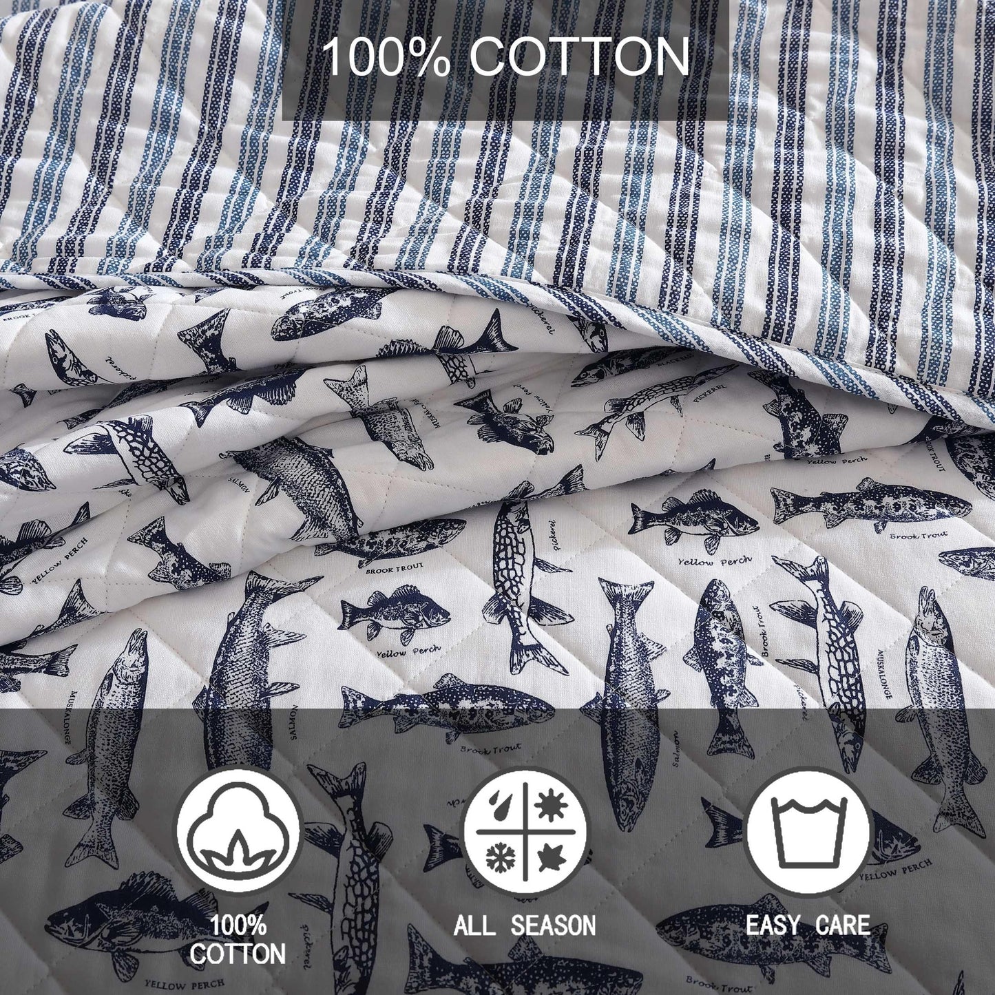 Eddie Bauer - Quilt Set, Super Soft Bedding with Matching Shams, Silky Smooth & Breathable, Classic Home Essentials (Wes Fish Blue, Full/Queen)