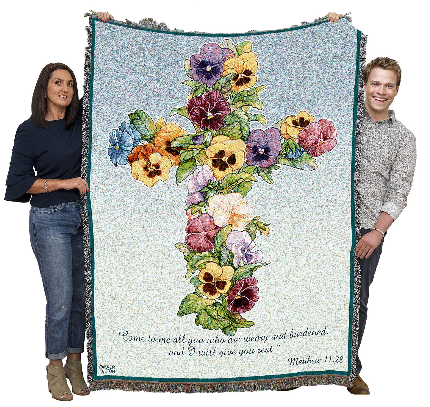 Pansy Cross Blanket by Parker Fulton - Come To Me All You Who Are Weary - Scriptures Matthew 11:28 - Sympathy Bereavement Gift Tapestry Throw Woven from Cotton - Made in the USA (72x54)