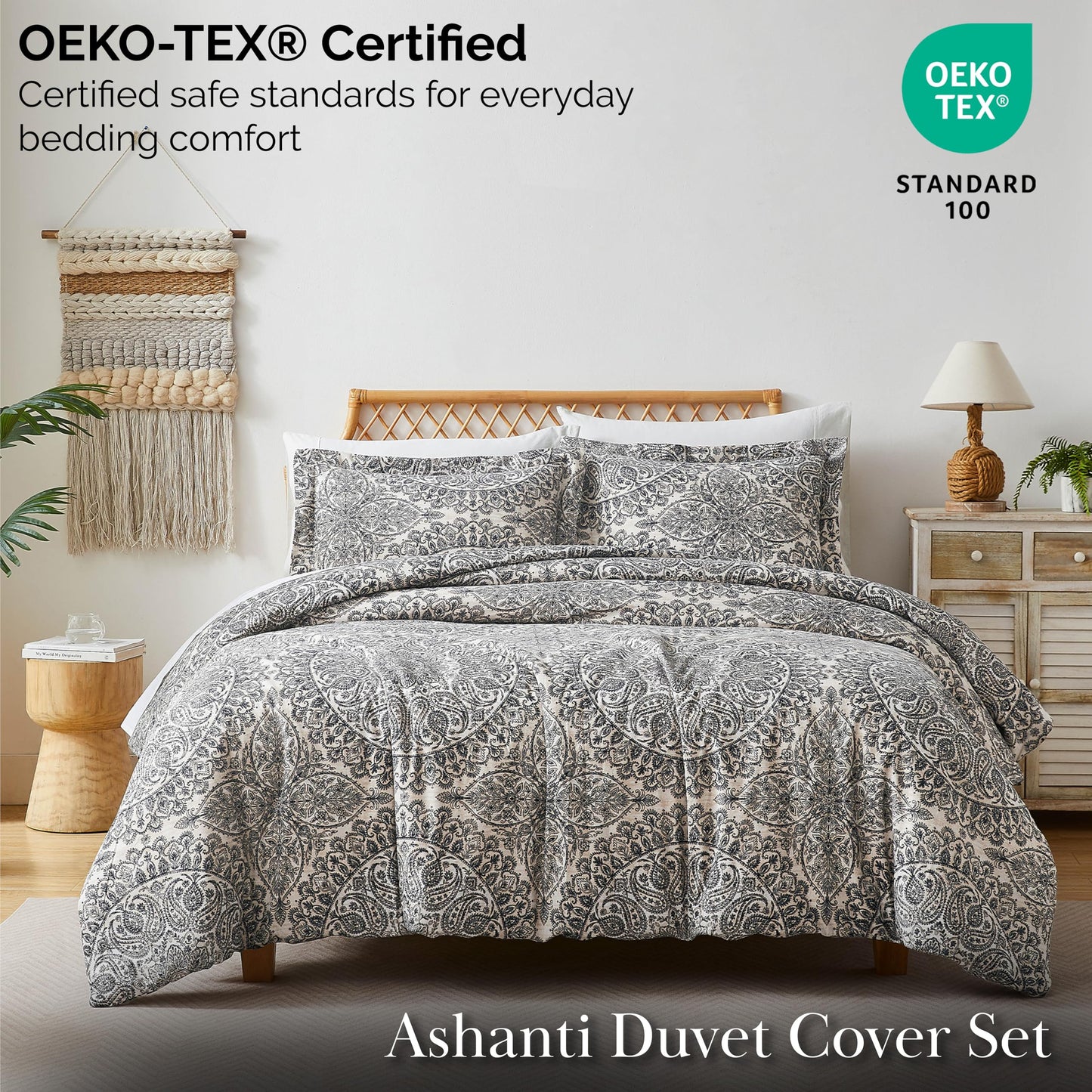 Southshore Fine Living, Inc. Oversized King Duvet Cover Paisley Set – Boho Duvet Cover Cal King with 2 Shams, Zipper Closure, Corner Ties, Easy Care Microfiber, Neutral Bohemian Bedding – Ashanti Grey