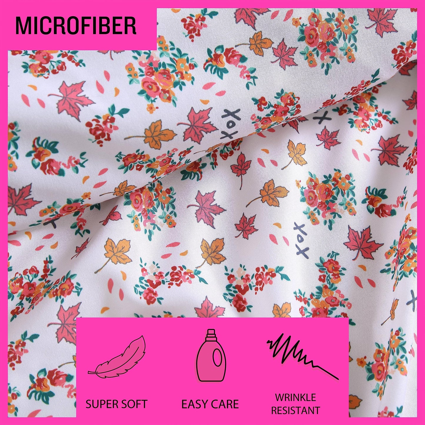 Betsey Johnson - Queen Sheet Set with Fitted Sheet & Pillowcases, Fade & Wrinkle-Free Bedding, Deep Pocket, Dorm Room Essentials, Fall Foliage Pink