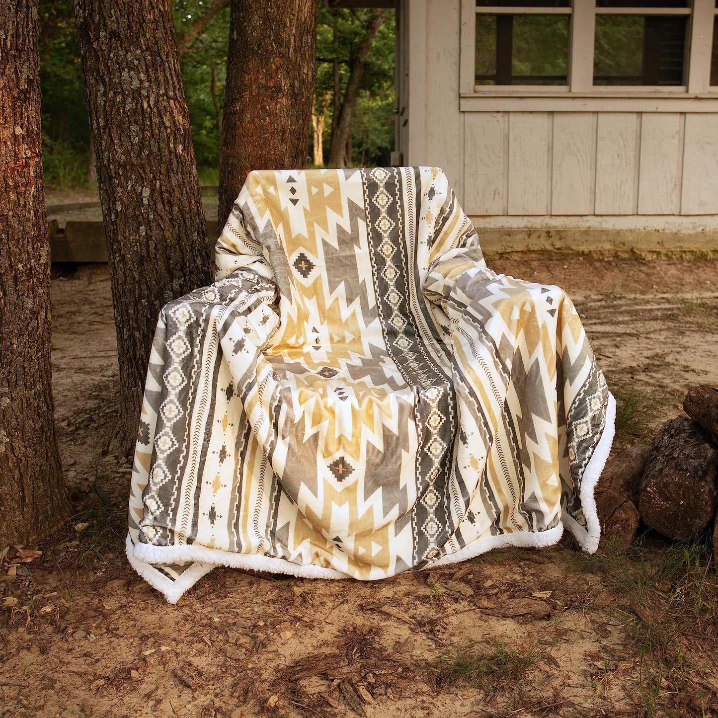 Paseo Road Indigo Hill by HiEnd Accents Desert Sage Aztec 3 Piece Sherpa Throw Blanket Set, Tribal Navajo Print Fleece Throw Set, Western Southwestern Style, 1 Throw and 2 Throw Pillows