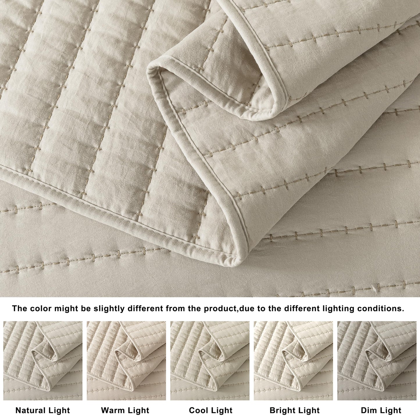 ROARINGWILD Neutral Beige King Size Quilt Bedding Sets with 2 Pillow Shams, Lightweight Soft Bedspread Coverlet, Quilted Blanket Thin Comforter Bed Cover for All Season, 3 Pieces, 104x90 inches