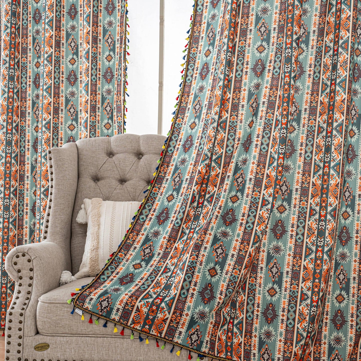 Erbnaryx Teal Orange Geometric Curtains 84 Inches Long, Boho Farmhouse Light Filtering Rod Pocket Drapes with Tassel Trim for Bedroom Living Room, 2 Panels
