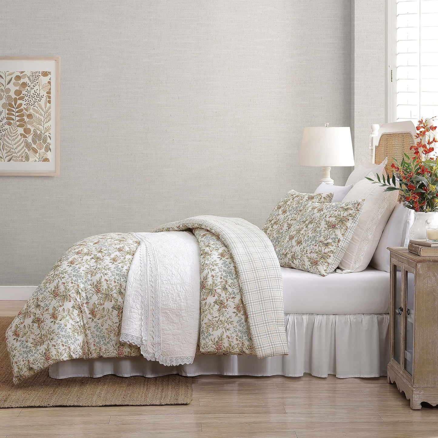 Laura Ashley - Queen Comforter Set, Reversible Cotton Bedding with Matching Shams, Floral Home Decor with Plaid Reverse (Bramble Floral Beige, Queen)