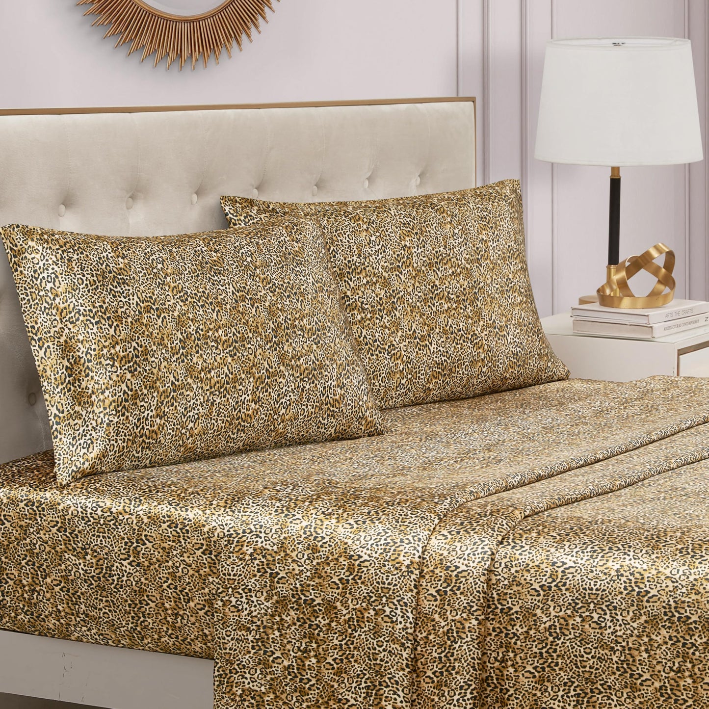 Juicy Couture Full Size Satin Bed Sheet Set, Deep Pocket Silky Full Sheet Set with 1 Fitted Sheet, 1 Flat Sheet, 2 Pillowcases, Wrinkle Resistant and Anti Pilling Bed Sheets - Monica Leopard
