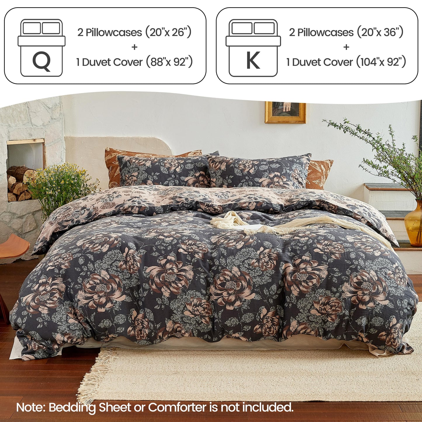 BISELINA 100% Cotton Muslin Duvet Cover Set Queen, 3 Pcs Yarn-Dyed Jacquard Textured Garden Flower, Soft and Breathable Bedding Set with Zipper Closure, Dark Blue Khaki