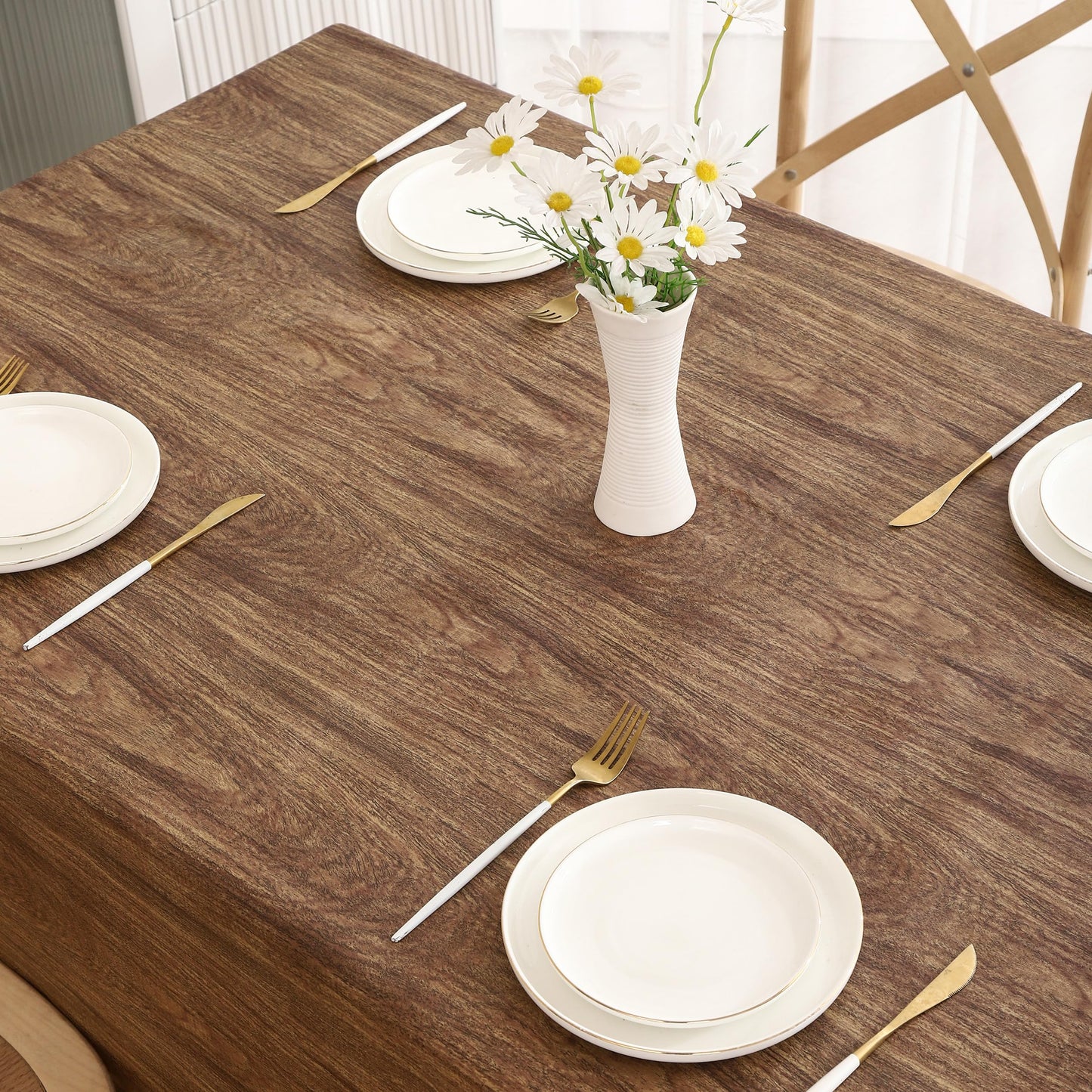 Walrus Heavy Duty Vinyl Tablecloth with Flannel Backing Waterproof Oil-Proof Plastic Table Cloth Stain-Resistant Wipeable Rectangle or Square Table Cover for Indoor and Outdoor (Wood, 54X54 Inch)