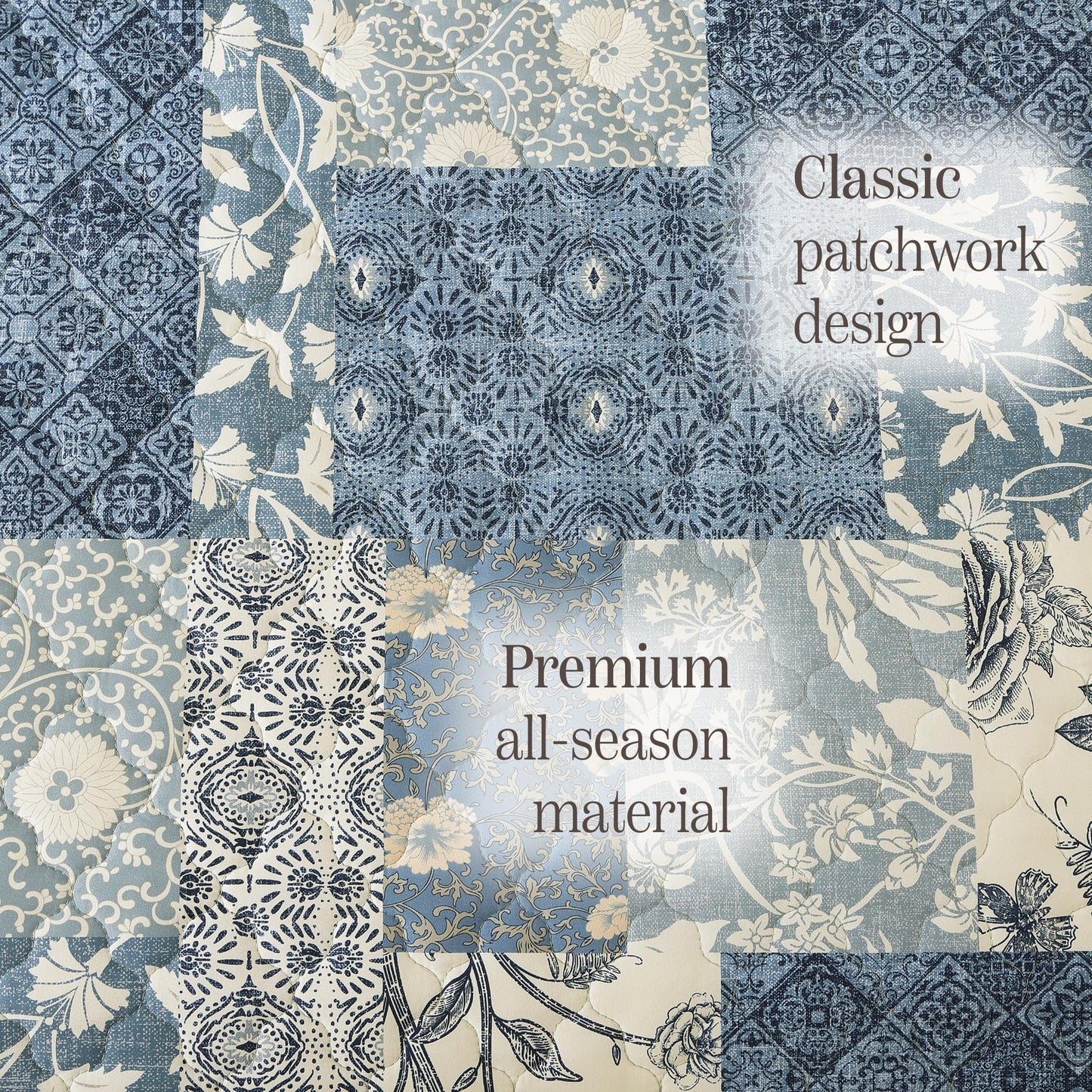 BLOOMHAVEN Quilt Set Queen Size, Patchwork Blue Floral Quilt Sets, Reversible Bedspread Lightweight and Breathable for All Seasons, Soft Quilted Bedspread with 2 Pillow Shams
