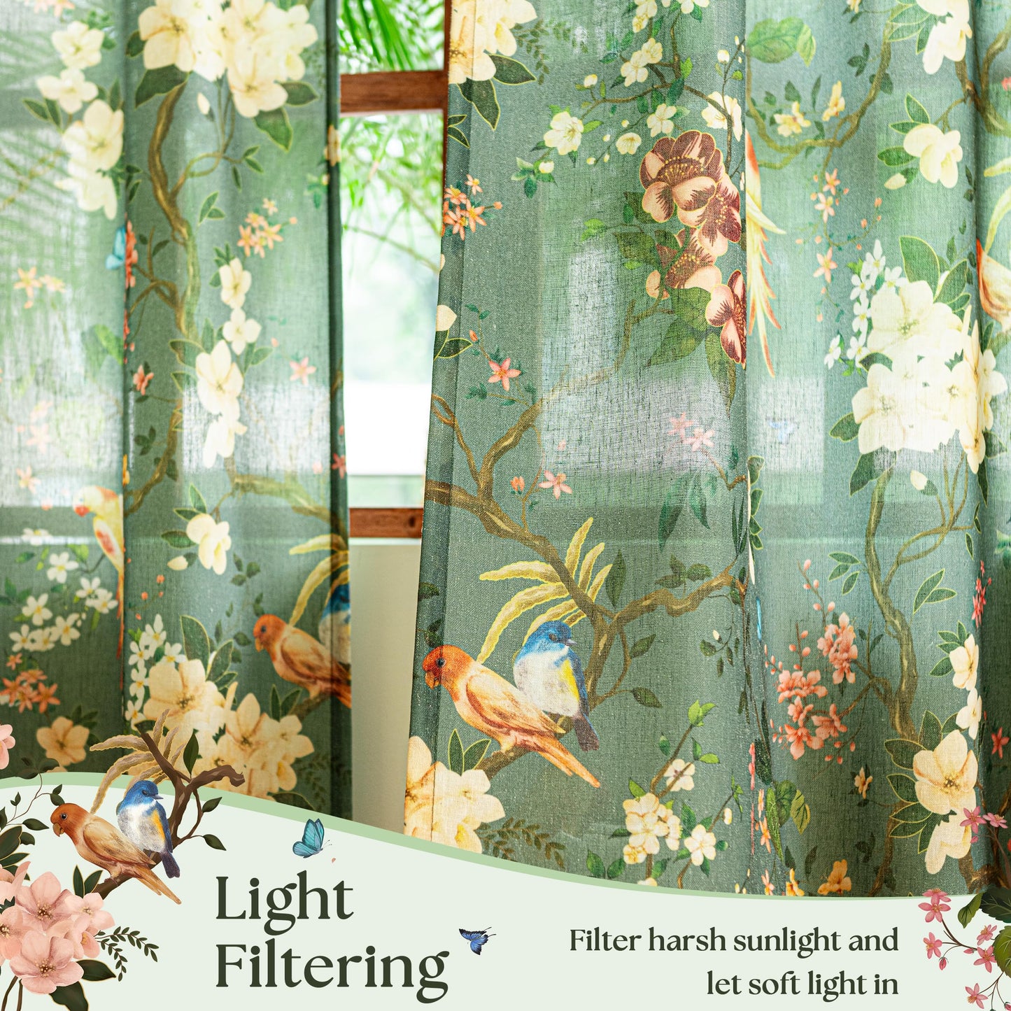 Olive Green Floral Linen Curtains for Living Room 84 Inches Long 2 Panels