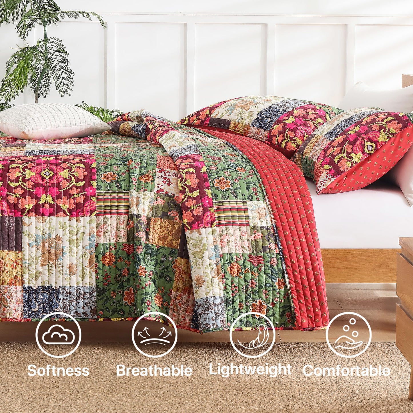TEXSTEAD Queen Quilt Set for Bed - Patchwork Quilts Queen Size, Comforter Coverlet Bedspread Reversible 90"x90" with 2 Pillow Shams