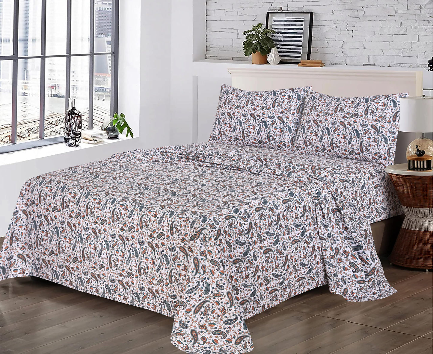 RUVANTI 100% Cotton Percale Sheets, Full Size, Teal Paisley