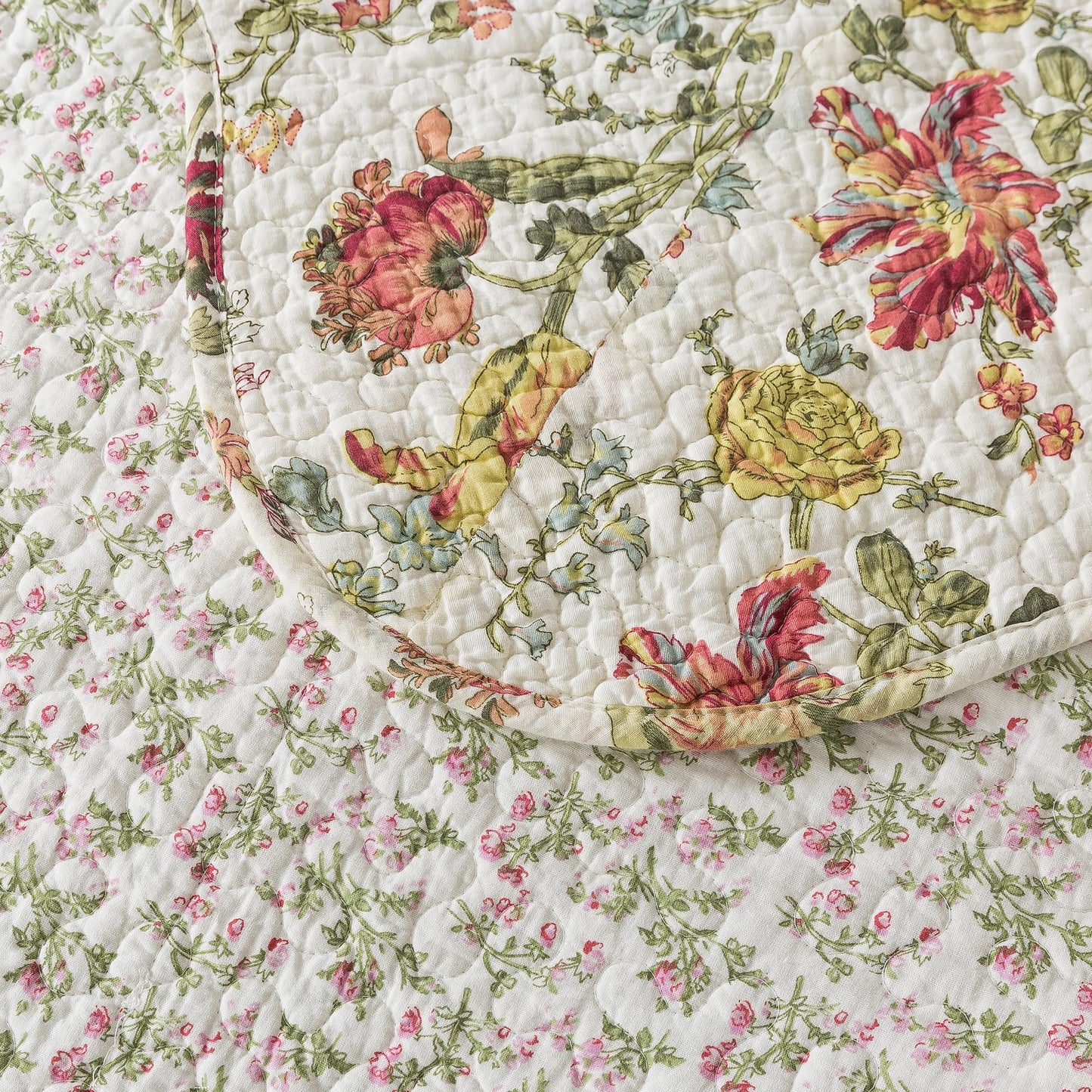Etwel Patchwork Quilt Set Queen Size, 100% Cotton Bedspread, Reversible Lightweight Comforter Set with 2 Pillow Shams for All Seasons, Floragrid Beige, Queen Size 90"x90"