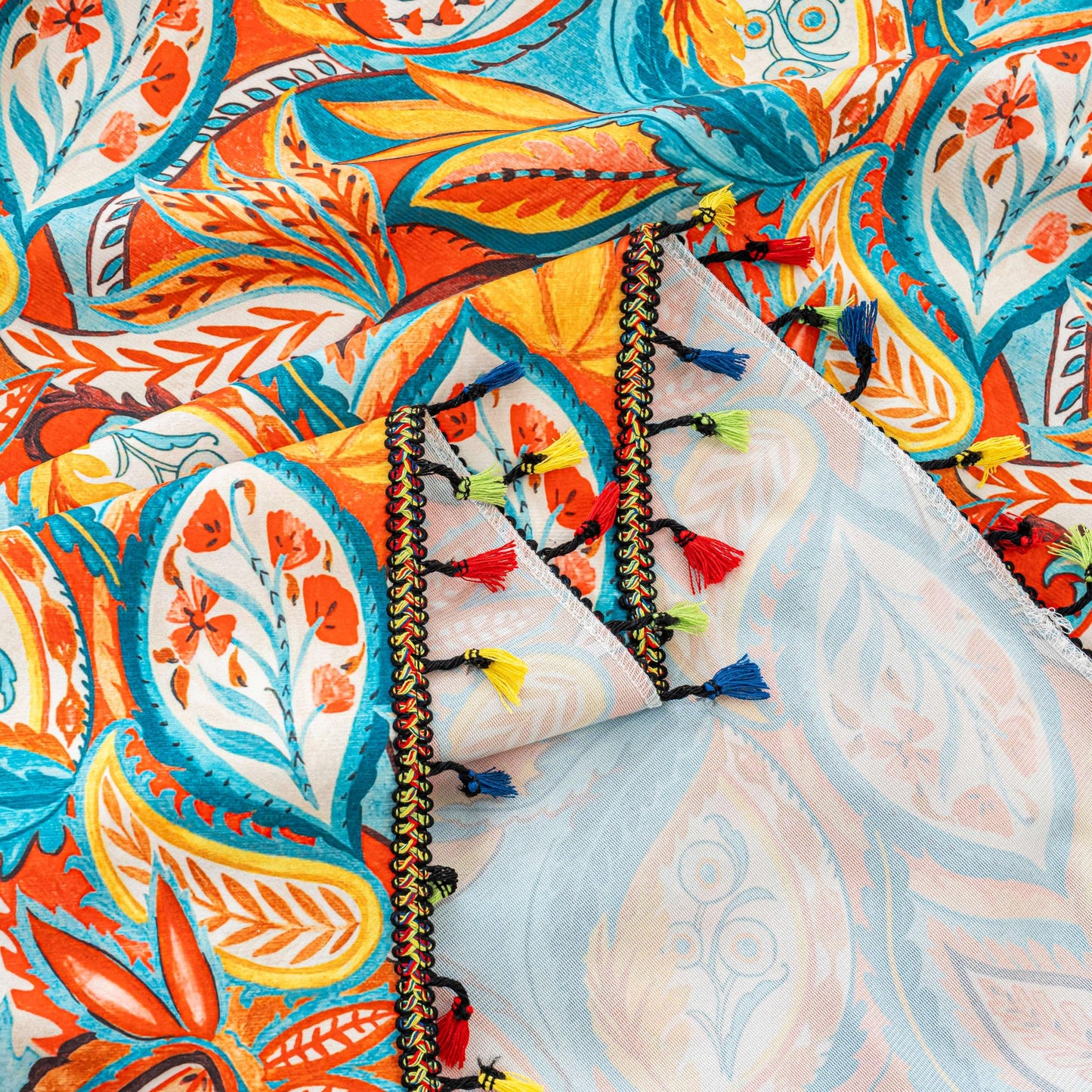 Erbnaryx Boho Paisley Curtains 72 Inches Long, Orange Blue Light Filtering Rod Pocket Drapes with Tassel Trim for Bedroom Living Room, 2 Panels