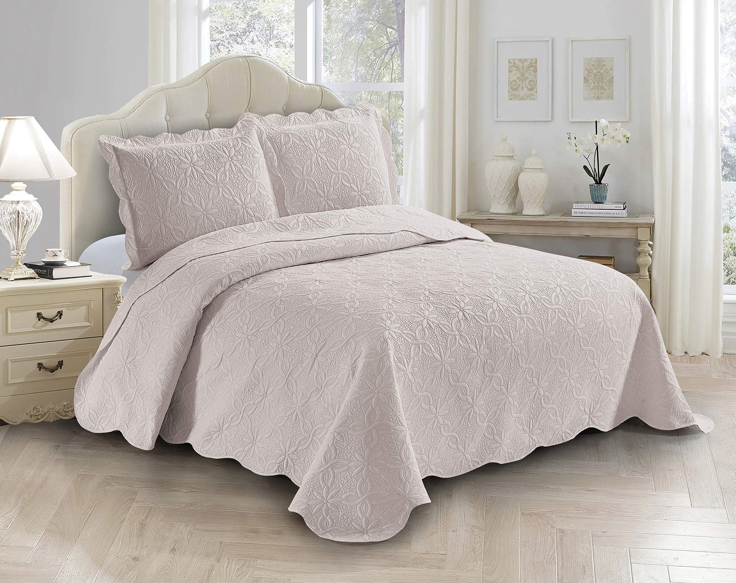 Fancy Linen 3pc Embossed Coverlet Bedspread Set Oversized Bed Cover Solid Floral Daisy Pattern New # Allis (Full/Queen, Beige)