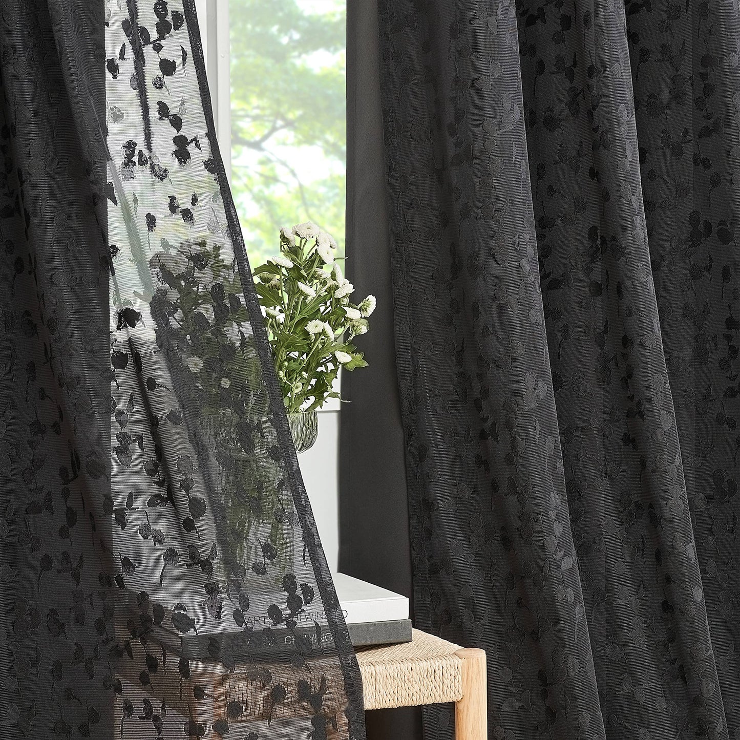 Jubilantex Full Blackout Curtains + Leaf Sheer Window Panels, Mix and Match Style Double Layer Window Treatment Sets for Bedroom Living Room, 4 Panels 52" W x 63" L, Black and Black
